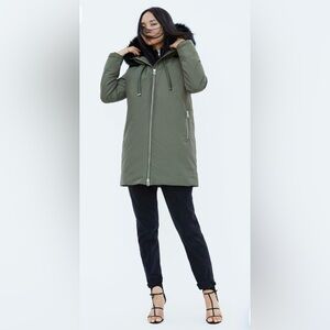 Zara Basic Olive Parka with Black Faux Fur Hood. Size S